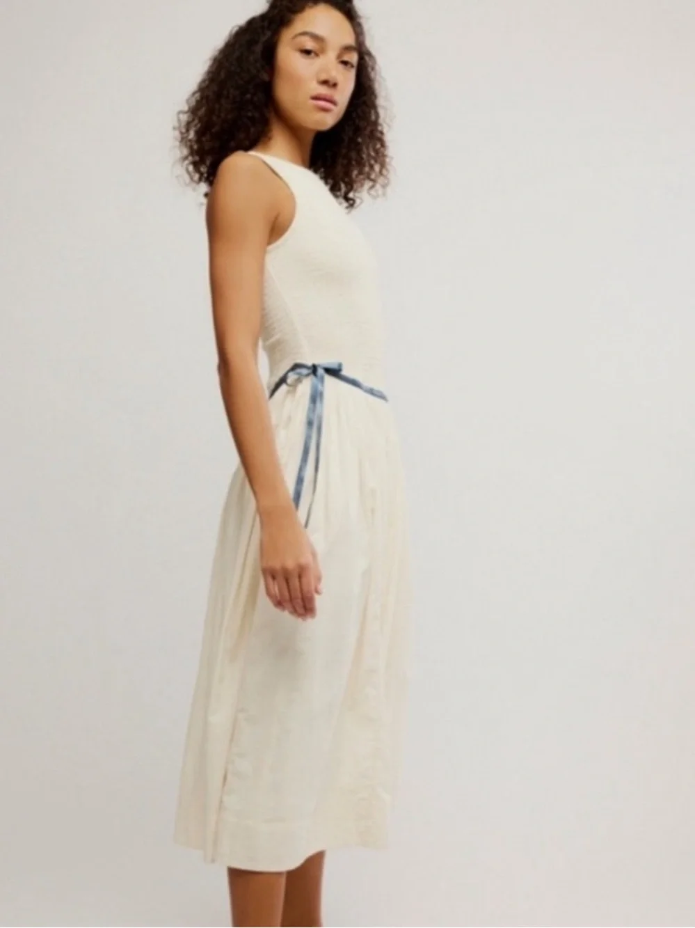 NWOT Free People Nightingale Solid Midi Dress with Navy Tie - Picture 2 of 13